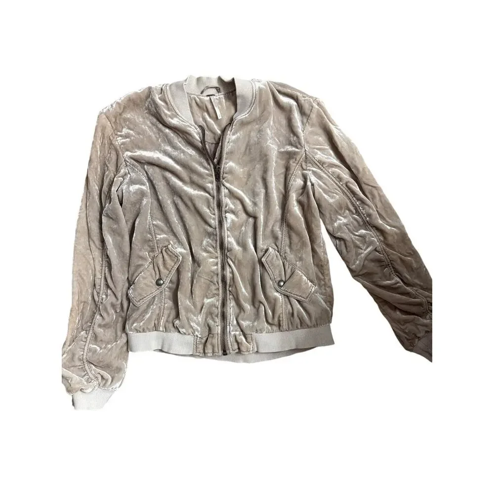 Free People Velvet Bomber Jacket Medium Ruched Champagne Sand Boho Luxe Festival